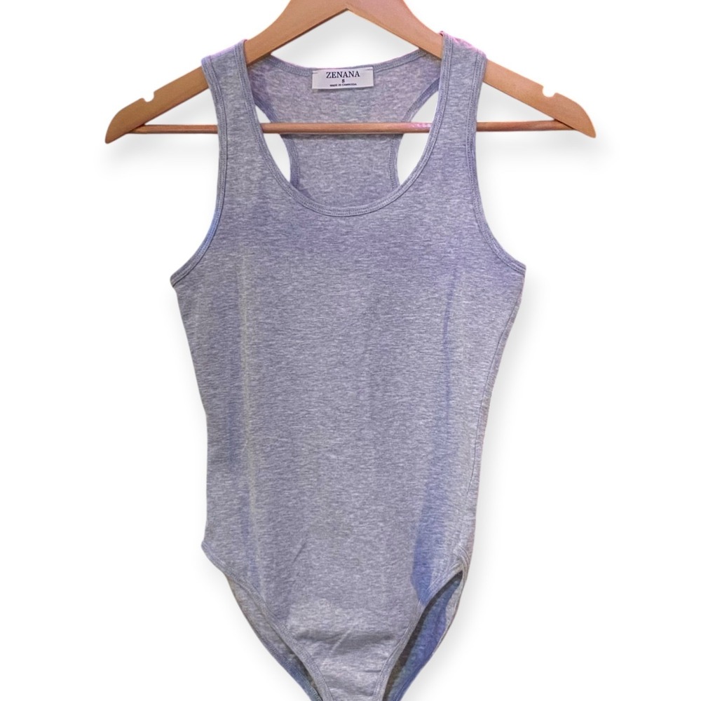ZENANA Heather Gray Tank Bodysuit Racerback Snap Crotch Size S NWOT